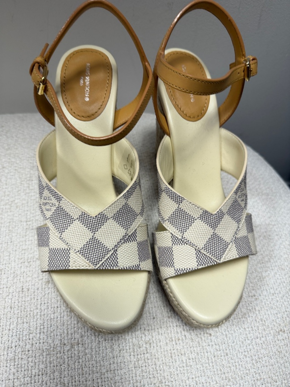 Louis Vuitton Beige Check Canvas Wedge Sandals with Tan Ankle Strap